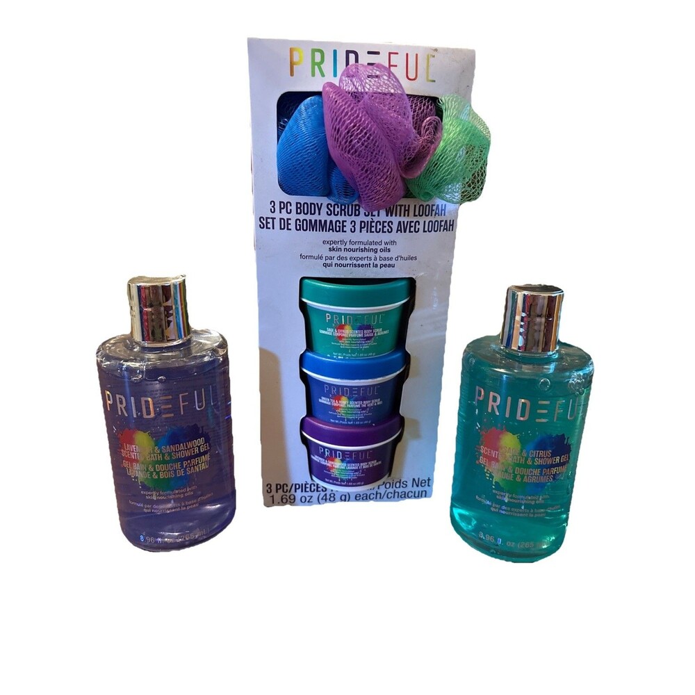 Prideful LGBTQ+ Bath Bundle Loofah And Body Scrub Set PLUS 2 Bath And Shower Gel
